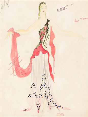 ZIG (LOUIS GAUDIN; 1882-1936) Two costume studies for Arletty as Myrrhiné and a courtesan.